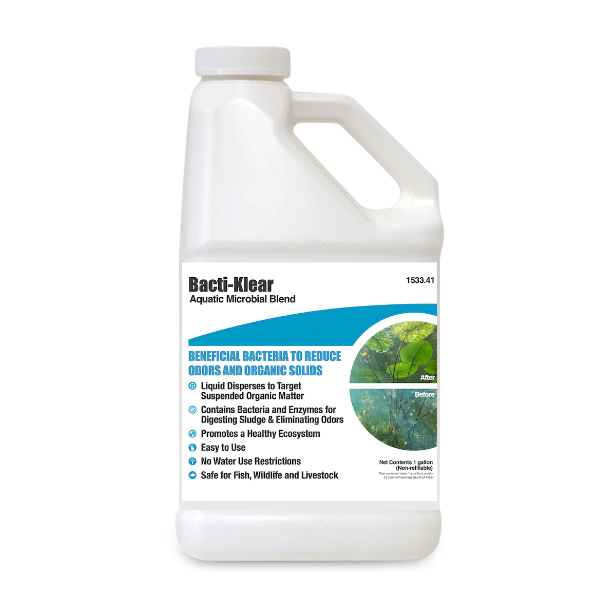 BactiClear 1 Gallon – Liquid Biological Pond Treatment for Sludge, Muck & Odor Removal – Safe for Fish & Pets, Enzyme-Enhanced Bacteria